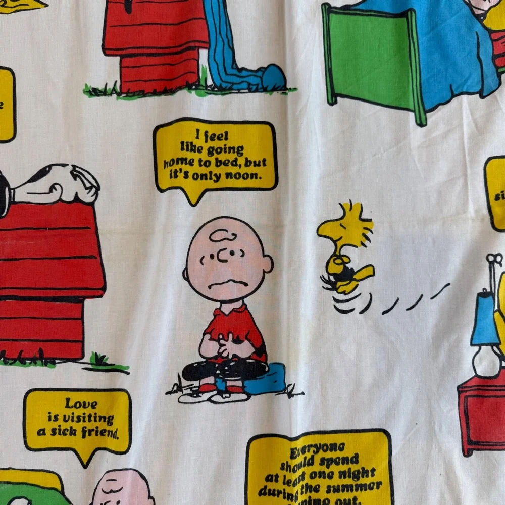 Vintage 1971 Peanuts Snoopy Charlie Brown Twin Flat Sheet JCPenney Muslin White